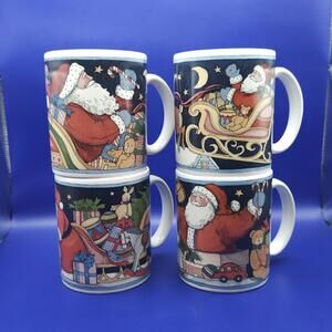 Vintage Christmas Mug Set by Susan Winget 1993 Santa Set 4 Mugs New in Box